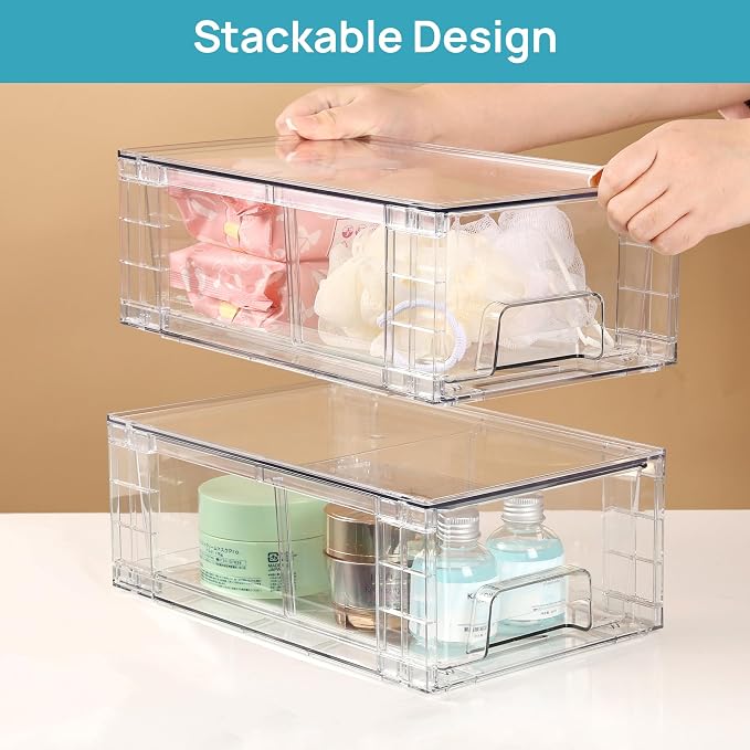 Vtopmart 2 Pack Stackable Clear Drawer with Dividers | Clear Drawer Organizers with Removable Dividers for Flexible storage. Stackable, Non-slip, for Fridge, Under Sink & Bthroom - Image 6