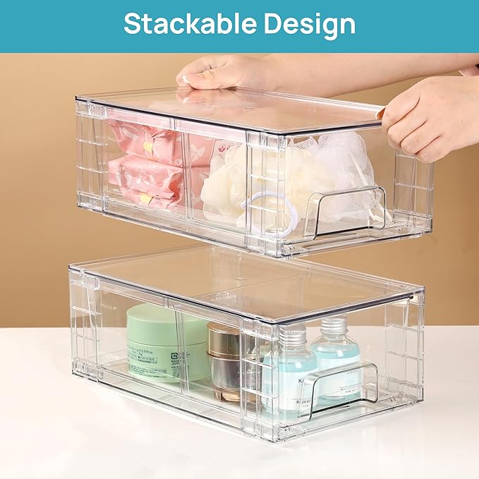 Vtopmart 10 Pack Stackable Clear Drawer with Dividers | Clear Drawer Organizers with Removable Dividers for Flexible storage. Stackable, Non-slip, for Fridge, Under Sink & Bthroom - Image 6