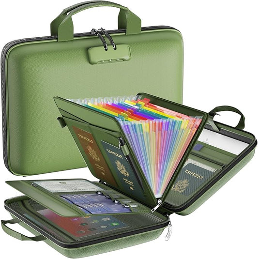 Tamfile Fireproof File Organizer with Lock,Hard Case Fireproof Document Box | 13 Colour Pockets Accordion File Folder, Office Home Important Document Organizer for Letter A4 Files Laptop Passports,Green by Tamfile