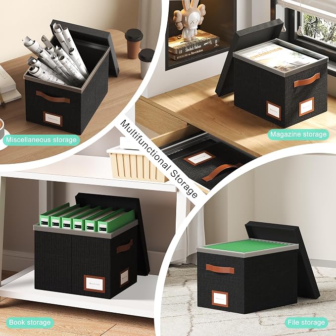 File Organizer Box with Lid File Box for Hanging Decorative File Organizer with One-Piece Integrated Plastic Slide Rail (Black, 13.2x10.1x10.1inch(3pack)) - Image 4