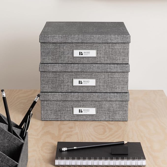 Bigso Oskar Canvas Fiberboard Document Letter Box for Important Paperwork A4 or Letter Size - Durable Keepsake Box with Lid and Metal Label Holder - 3.3in x 10.2in x 13.8in - Melange Grey - 3 Pack - Image 4