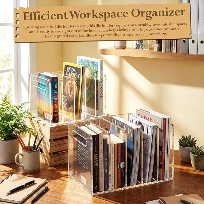 Didaey 2 Pcs Acrylic Magazine File Holder, 5 Vertical Compartments Desk Sorter Organizer Magazines Documents Books Accessories Clear Folder Rack Binder for Office Home (B5,5 Sections,Clear) - Image 4