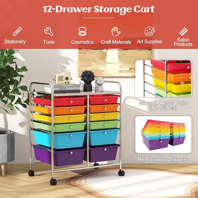 GOFLAME 12-Drawer Rolling Storage Cart, Multipurpose Organizer Cart with 2 Sizes Plastic Drawers, Mobile Utility Cart with Lockable Casters for School, Home Office, Beauty Salon, Multicolored - Image 4