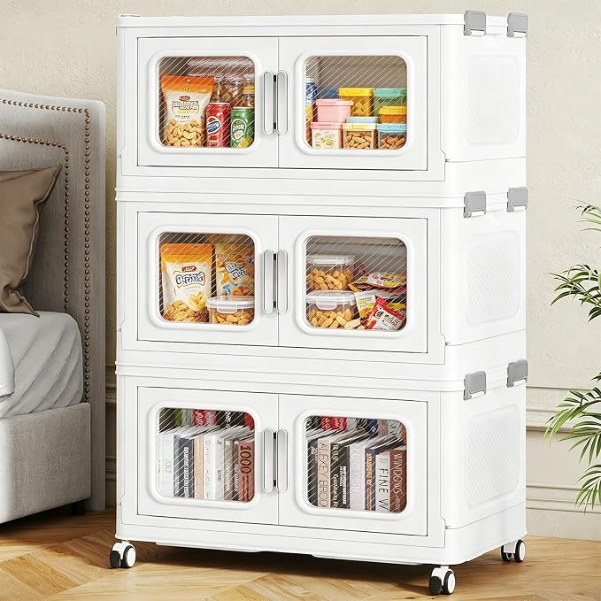 BROVIEW 150 Qt/37.5 Gal Stackable Storage Bins with Lids, 3 Pack, White | Small Stackable Storage Boxes w/ 3 Lid Folding Plastic Cart Organizer for Home Kitchen, Open Front Clear Door with Wheels by BROVIEW-EnjoytheArtofLife