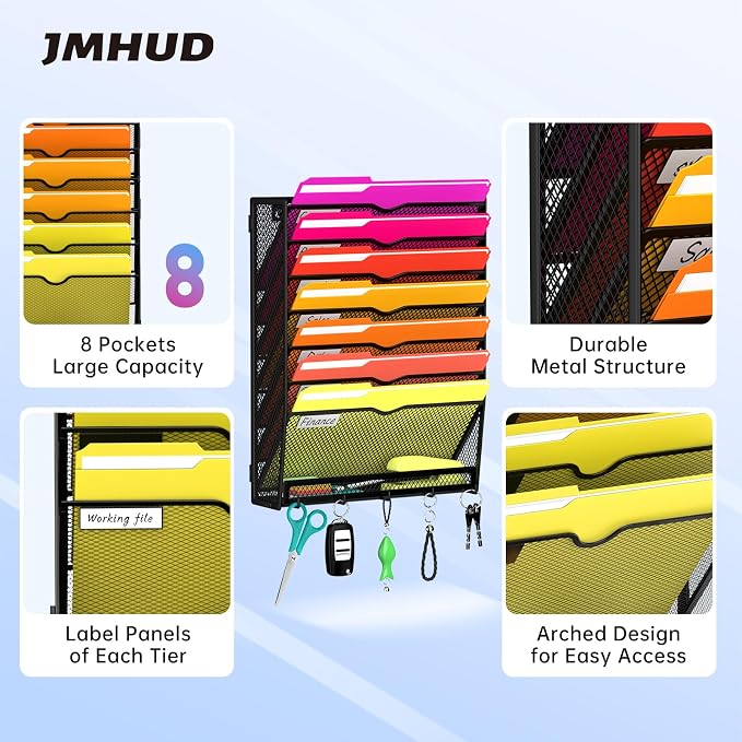 8-Tier Wall File Organizer with Base and Hooks, Hanging Organizer, Black | Wall Organizer and Wall File Holder with 8 Vertical Pockets and Bottom Tray for Files, Mail, Folders, Magazines and Paper - Image 3