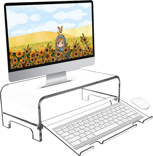 AMT 2 Tier 5.7 Inch High Acrylic Laptop Monitor Stand & Computer Riser with Cat Keyboard Protector, Space-Saving Design, Extra Storage, Clear Shelf - Ideal for Monitors, Laptops, Printers, Desktop by AMTSupply