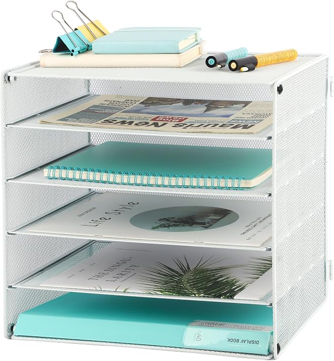 5 Slot Mesh Desk Organizer Tray, File Paper Letter Folder Holder Desktop Paper Sorter Mail Organization Rack Storage Accessories, for Office Home School Classroom, White by EASEPRES