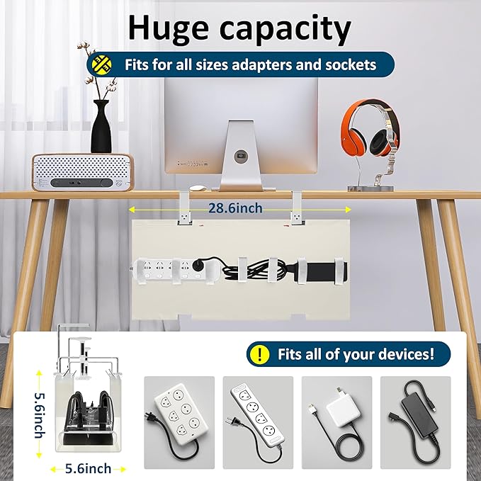 28" Small Under Desk Cable Management Tray No Drill, Compact Clamp On Cord Organizer for Dorm & Small Desk, Anti-Sag Oxford Fabric Wire Hider, Power Strip Holder (Beige, 28.6") - Image 2