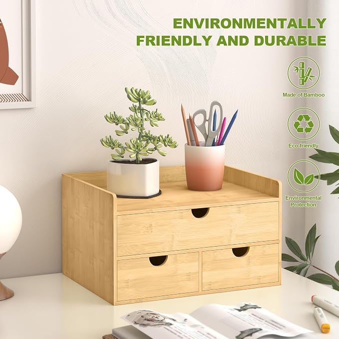 Bamboo Desk Drawer Organizer, Large Desktop Organizer with Drawers Tabletop Storage Organization Box for Office Home Toiletries Supplies Vanity, No Assembly Required (3 Drawer with Shelf) - Image 5