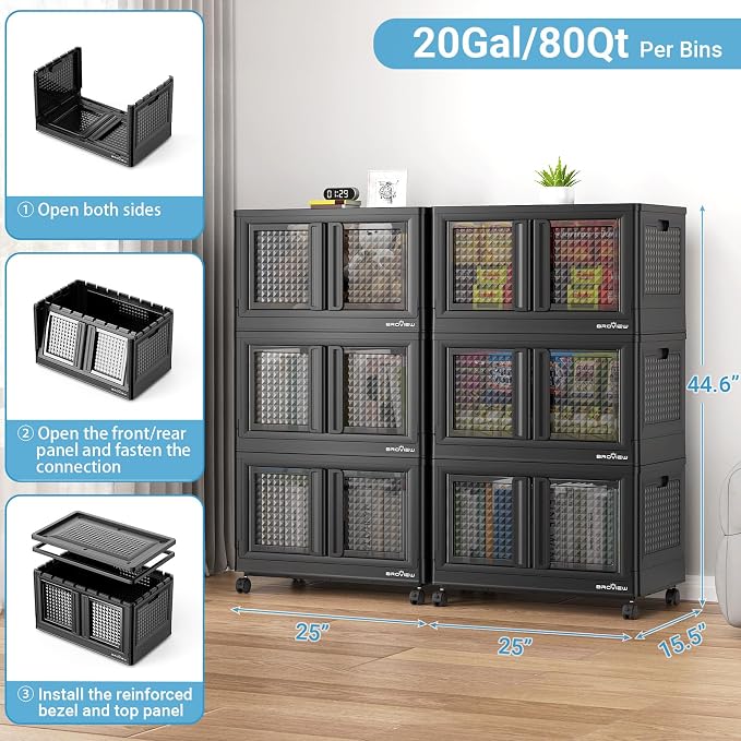 BROVIEW 600Qt Stackable Storage Bins with Lids, 150Gal Closet Organizers and Storage Drawer, Plastic Collapsible Storage Bins with Doors, Heavy Duty Store Box Cabinet for Home Kitchen, 6Pack Black - Image 2