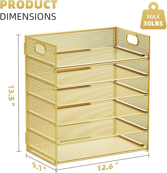 Marbrasse Paper Letter Tray Organizer - 6 Tier Mesh File Organizer with Handle, Paper Sorter Organizer for Letter/A4 Office File Folder Holder - Gold - Image 5