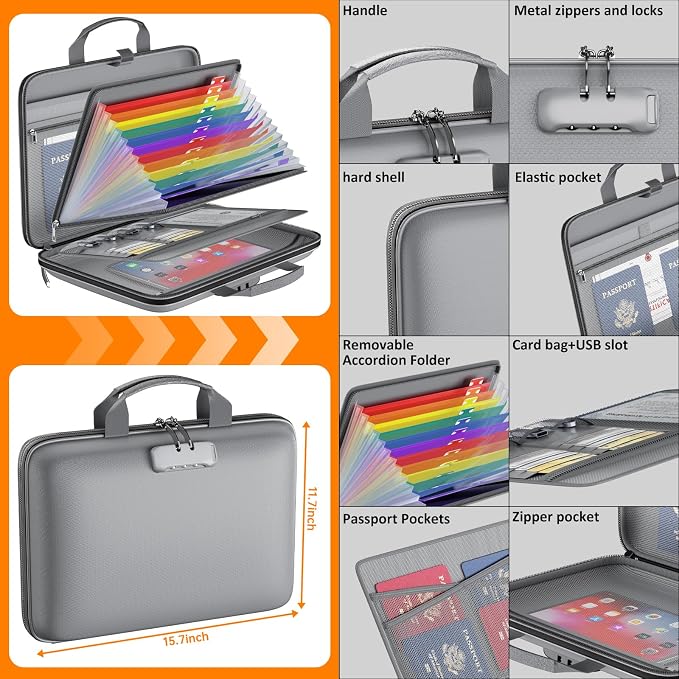 Tamfile Fireproof File Organizer with Lock,Hard Case Fireproof Document Box | 13 Colour Pockets Accordion File Folder, Office Home Important Document Organizer for Letter A4 Files Laptop Passports,Grey - Image 4