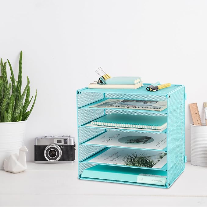 5 Slot Mesh Desk Organizer Tray, File Paper Letter Folder Holder Desktop Paper Sorter Mail Organization Rack Storage Accessories, for Office Home School Classroom, Blue - Image 5