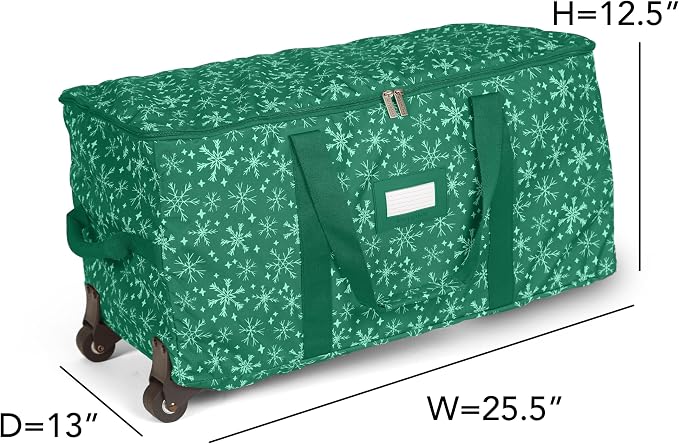 Covermates Keepsakes Rolling Adjustable Ornament Storage Bag – Heavy-Duty Polyester, FlexGrid Trays & Padded Dividers – Protective Holiday Organizer with Wheels, Handles & ID Window, Green Snowflake - Image 3