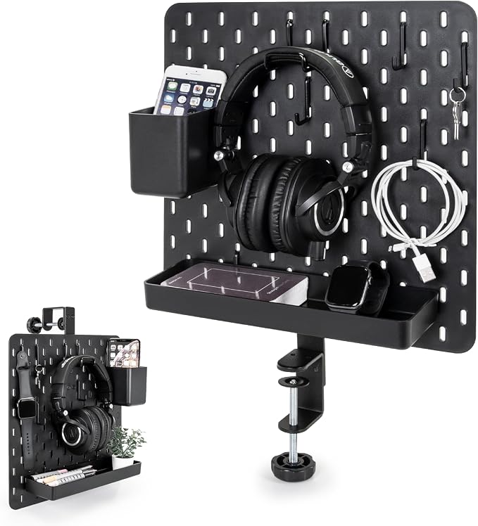 EHO Clamp-On Desk Pegboard, 13.5 x 14 inch Privacy Divider, Desk Partition Panel, No-Drill Desk Mounted Organizer, Combination Peg Board for Office, Gaming, Home, Plants, Black by EHOPrime