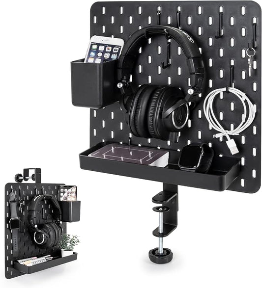 EHO Clamp-On Desk Pegboard, 13.5 x 14 inch Privacy Divider, Desk Partition Panel, No-Drill Desk Mounted Organizer, Combination Peg Board for Office, Gaming, Home, Plants, Black by EHOPrime