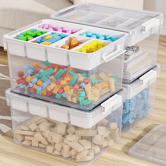 160Qt Stackable Storage Bins with Lids Trays Craft Box Organizers, 4Pack,WH | Clear Plastic Latching Boxes Organizers with Dividers Portable Containers for Arts & Crafts, Home Office Classroom Car Trunk by HOMETUK
