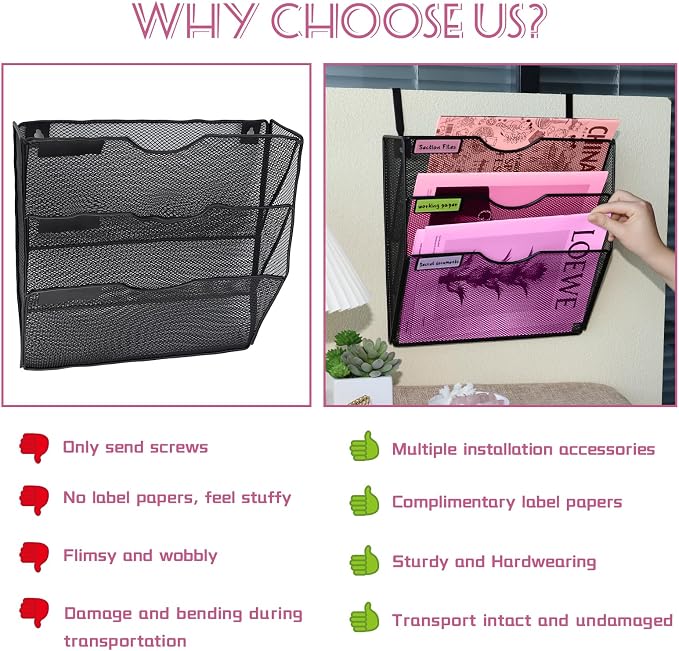 3 Pockets Mesh Wall File Holder Organizer Office Hanging File Folder Magazine Rack, Nametag Label Hooks Set Included (Black) - Image 4