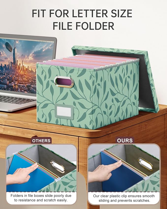 2 Pack File Storage Organizer, Document Organizer, Portable File Box with Lid, Fit for Letter/Legal File Folder Storage,Leaf Green-Box only - Image 3