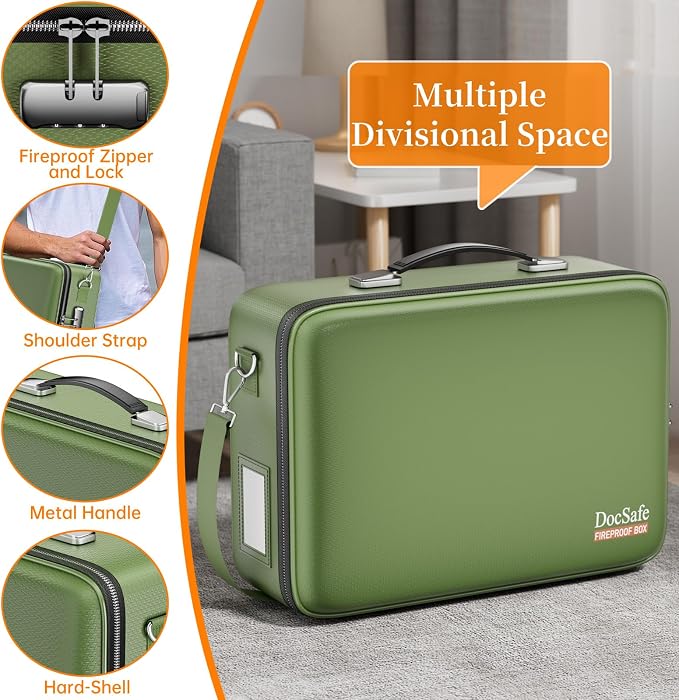 DocSafe Fireproof Document Box with Lock＆Shoulder Strap,Hard Case File Organizer with Accordion File Folder,Multi-Layer Portable Home Office Travel Safe Storage for Important Documents Laptop Green - Image 4
