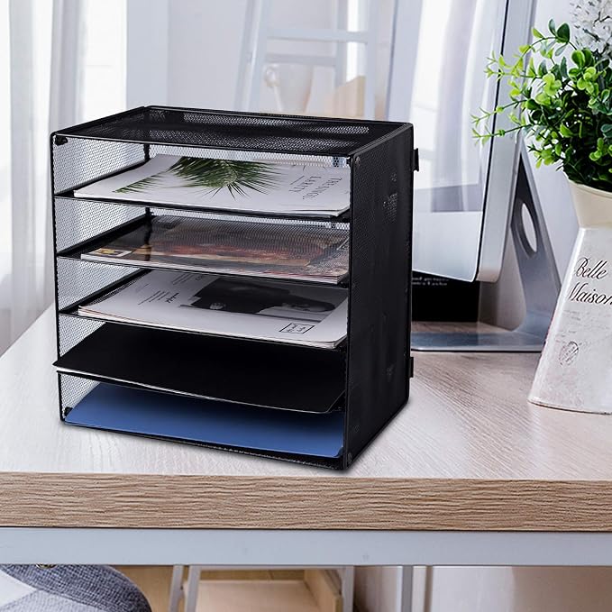 5 Slot Mesh Desk Organizer Tray, File Paper Letter Folder Holder Desktop Paper Sorter Mail Organization Rack Storage Accessories, for Office Home School Classroom, Black, 2 Pack - Image 5