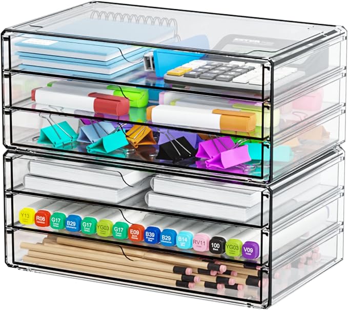 2 Pack Acrylic Storage Drawers With 6 Drawers,Stackable Desk Organizer and Makeup Organizer,Large Clear Office Supplies Organizer for Pen,Stationary,Palettes,Arts Craft Organizers and Storage - Image 6