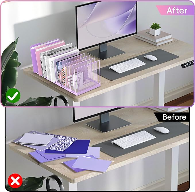 9-Section Desk File Organizer, Vertical File Holder, Mesh Desktop File Folder Metal File Organizer Stand for Office Home Classroom, Purple - Image 6