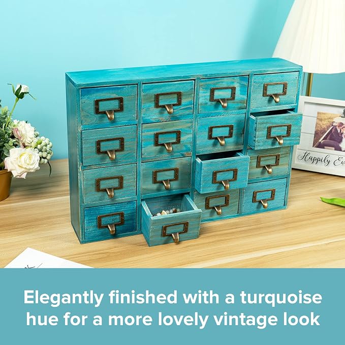 Teal 16-Slot Wooden Drawer Unit - Country Style Desk Organizer Box - 20"x3.6”x14” Wooden Storage Box w/ 16 Drawers - Countertop Drawers w/Label Holder & Handle - Slim 4-Level Desk Organizer - Image 5