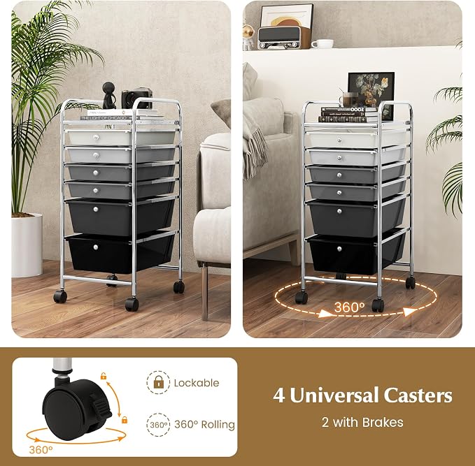 COSTWAY 6-Drawer Rolling Storage Cart, Art Craft Tools Organizer on Wheels | Multifunctional Heavy Duty Utility Mobile Storage Trolley w/ 2 Lockable Wheels for Home Office School (Mixed Black) - Image 4