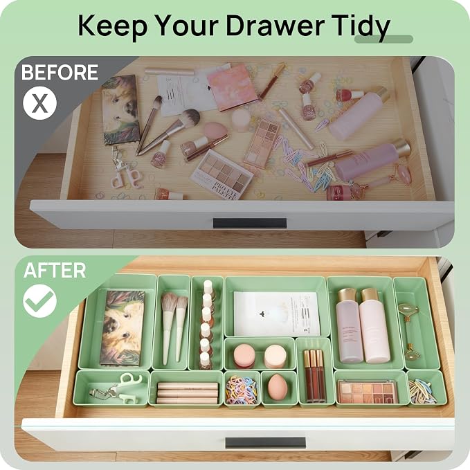 Vtopmart 25 Pack Plastic Drawer Organizers with Non-slip Rubber Pads | 4-Size Versatile Makeup Organizer, Storage Containers Small Bins for Makeup, Jewelries, Bedroom, Kitchen Utensils and Office - Image 3