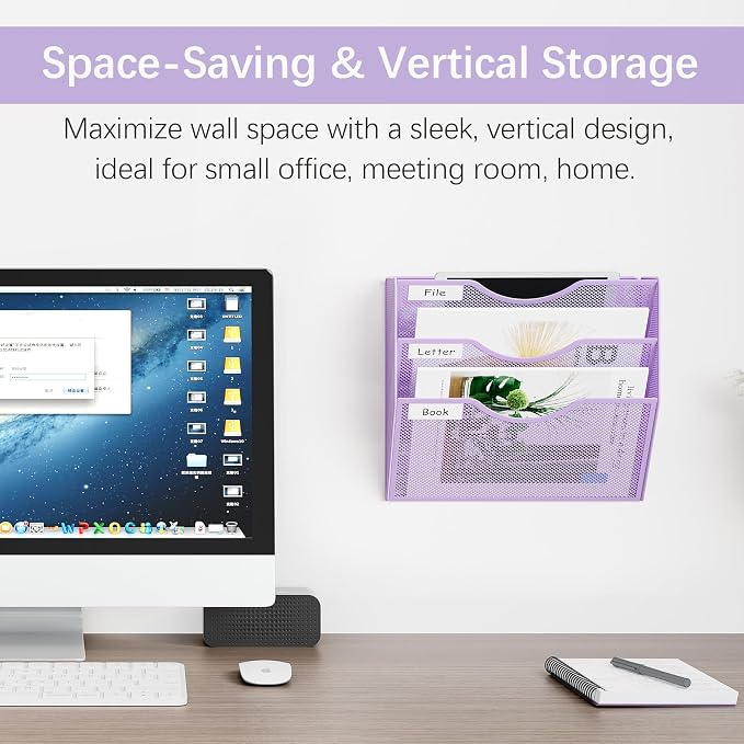 EasyPAG 3 Pocket Mesh Wall File Organizer, Hanging Paper Folder Holder with Classify Label, Vertical Wall Mount Mail Organizer for Office Home Classroom, Purple - Image 2