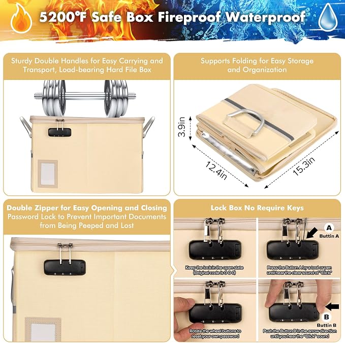 TOMKID 5200°F Fireproof Document Box, Fire Important Document Organizer with Lock, Upgraded Heat Insulated Filing Storage Cabinet Office Organization (5200°F Fireproof Box, Off-white) - Image 2