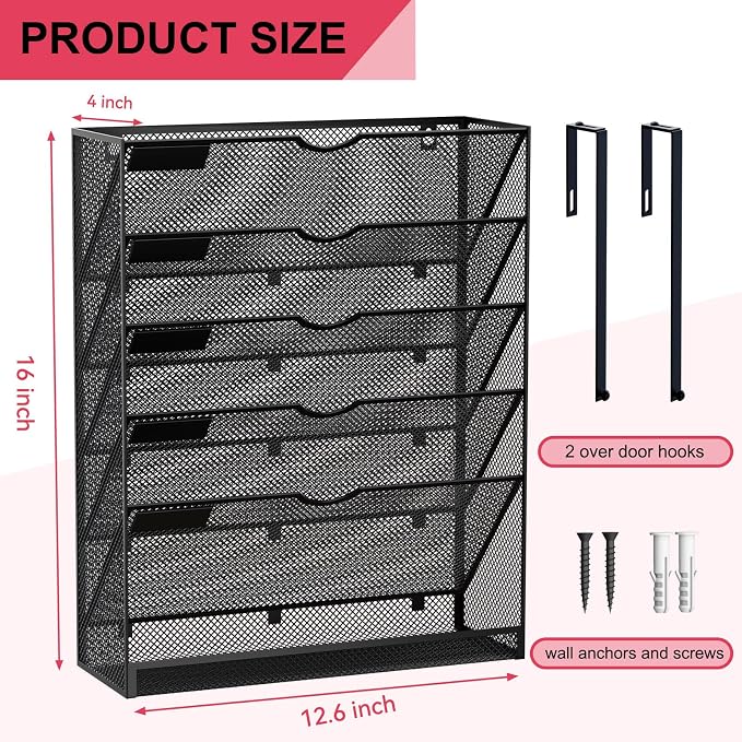 6-Tier Hanging File Organizer Office Cubicle Accessories for Work Organizer Wall Mount File Holder for Mails Folders Papers Magazine Organization, Black - Image 3
