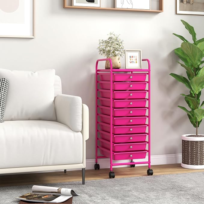 Storage Cart, Rolling Utility Cart with 10 Drawers, Portable Handles & Lockable Wheels, Mobile Paper Toys Storage Organizer Large Capacity for Home Office School Teacher (Hot Pink) - Image 8