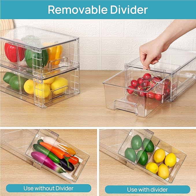 Vtopmart 10 Pack Stackable Clear Drawer with Dividers | Clear Drawer Organizers with Removable Dividers for Flexible storage. Stackable, Non-slip, for Fridge, Under Sink & Bthroom - Image 4