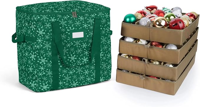 Covermates Keepsakes Adjustable Ornament Storage Bag – Heavy-Duty Polyester, Padded Dividers & FlexGrid Trays – Protective Holiday Ornament Organizer with Handles & Label Window, Green Snowflake by Covermates