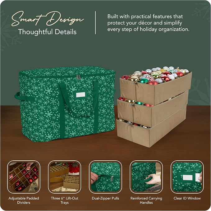 Covermates Keepsakes Adjustable Ornament Storage Bag – Heavy-Duty Polyester, Padded Dividers & FlexGrid Trays – Protective Holiday Ornament Organizer with Handles & Label Window, Green Snowflake - Image 4