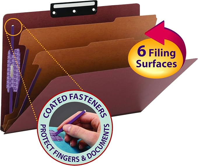 Smead Pressboard Classification Folder with SafeSHIELD Fasteners, 1/3-Cut Flat Metal Tab, 2 Dividers, 2" Exp., Legal Size, Red, 10 per Box (19230) - Image 2