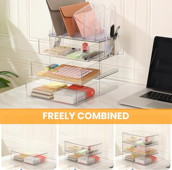 LALOBLUE Acrylic Desk Organizer with 4-Vertical File Holder Rack, 3-Clear Drawer and 2 Pen Holders, Desktop Storage for Office Desk Accessories School Classroom Organization (Clear) - Image 8
