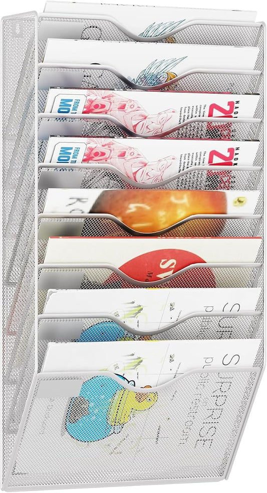 8 Pockets Mesh Hanging Wall File Holder Organizer Wall Mounted Paper Magazine Rack, Silver by GDINDINFAN