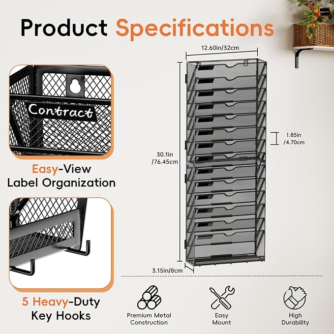 15-Tier Wall File Organizer with Hook, Hanging File Organizer Black | Wall-mounted mail storage holds papers, folders, files, clipboards and magazines, assembly required for office or home use. - Image 2