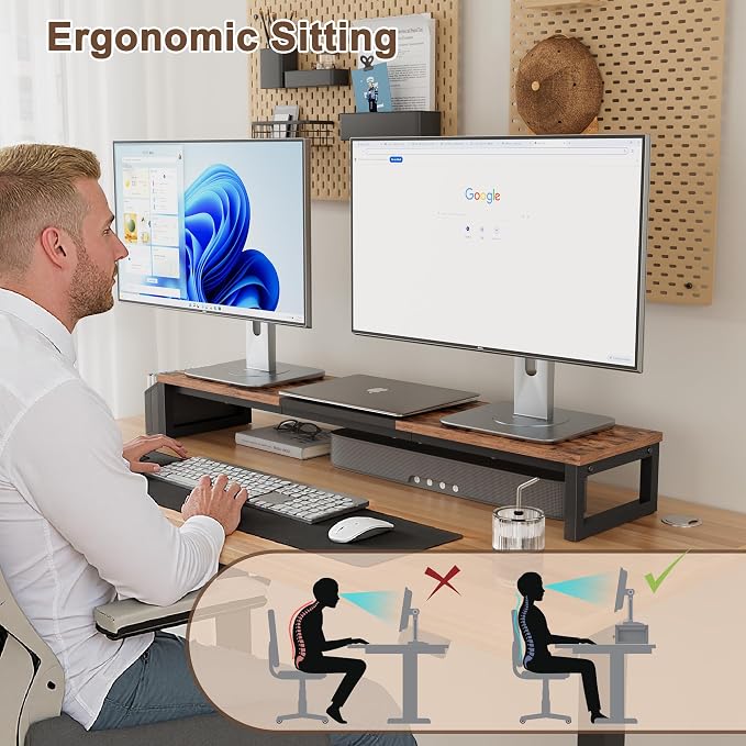 LAND·VOI Dual Monitor Stand Riser,41.5'' Long Monitor Stand for 2 Monitors, Wood Computer Riser with Pocket, Desktop Oraganizer with Pen Holder, Monitor Riser for Desk Computer,Laptop,TV, Rustic Brown - Image 5