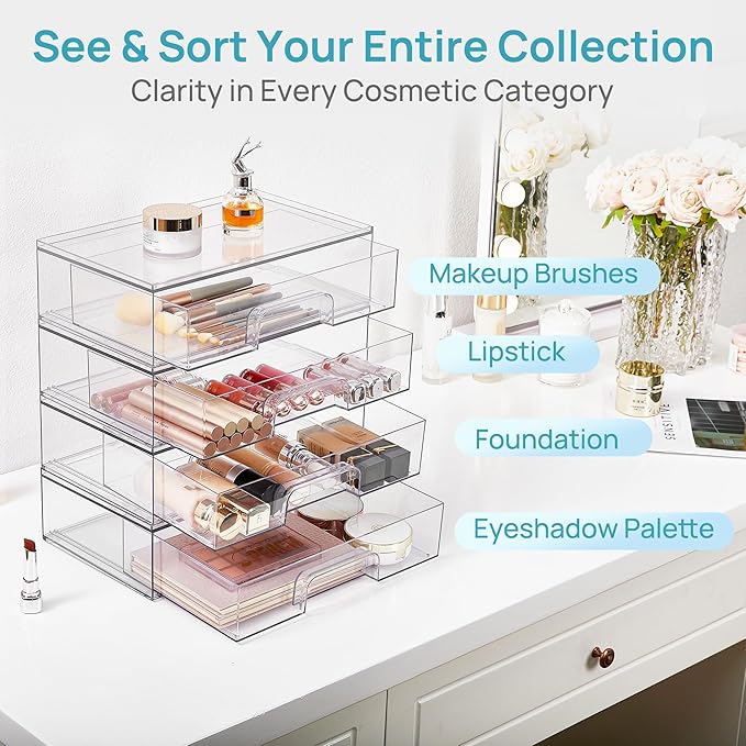 Vtopmart Clear Stackable Storage Drawers, 4 Pack Wide Plastic Organizers | Clear Pull-Out Plastic Drawers, Stackable Design for Makeup Palettes, Cosmetics, Beauty Supplies, Vanity, Cabinet and Desk - Image 5