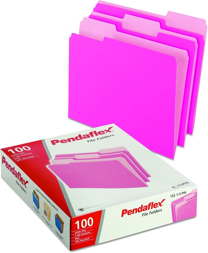 Pendaflex Reinforced Hanging Folders Letter Size Pink 1/5 Cut 25/Box and Two-Tone Color File Folders Letter Size 1/3 Cut Pink 100/Box Office Supply Bundle - Image 6