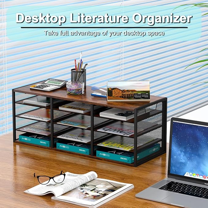 Mail Sorter Adjustable Holder, Countertop Literature Organizer, Student Mailbox for Classroom, Desktop Bill Paper Organizer for Office Home School, 12 Compartments, Brown - Image 5