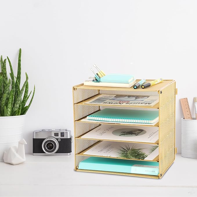 5 Slot Mesh Desk Organizer Tray, File Paper Letter Folder Holder Desktop Paper Sorter Mail Organization Rack Storage Accessories, for Office Home School Classroom, Gold - Image 5
