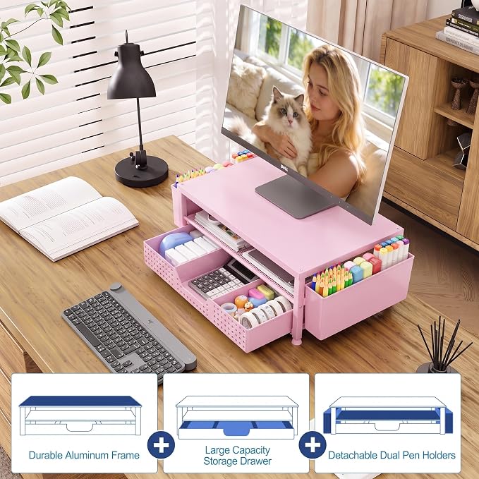 Desk Organizers and Accessories, Computer Monitor Stand Riser with Drawer and 2 Pen Holders, Printer & Laptop Stand, Office Desk Accessories & Workspace Organizers for Home Office Supplies, Pink - Image 5