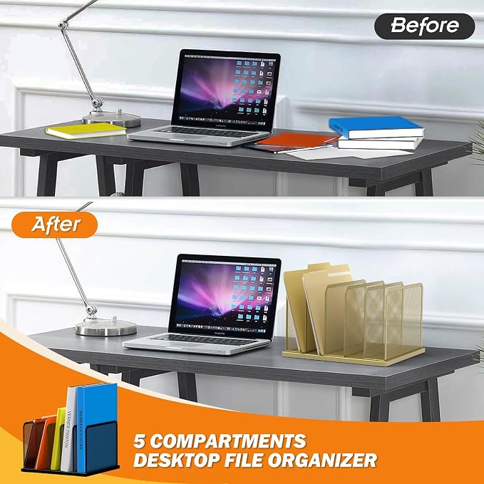 Kuntine.B 5-Section Upright Desk File Organizer Gold 1 Pack | Vertical, Mesh, Metal, Assembly, Stability, Sturdiness, Organization, Standing - Image 3