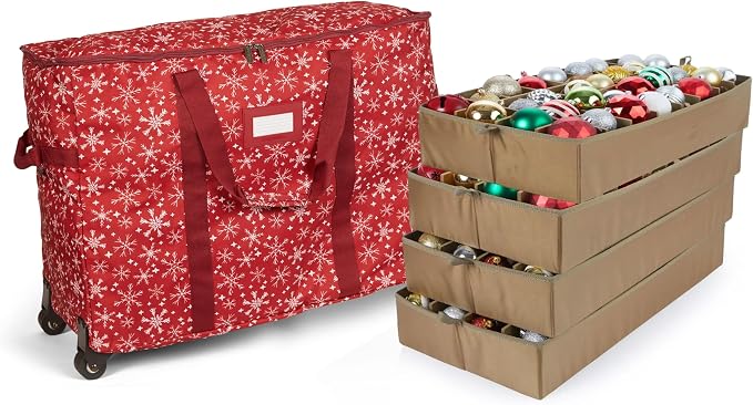 Covermates Keepsakes Rolling Adjustable Ornament Storage Bag – Heavy-Duty Polyester, FlexGrid Trays & Padded Dividers – Protective Holiday Organizer with Wheels, Handles & ID Window, Red Snowflake by Covermates