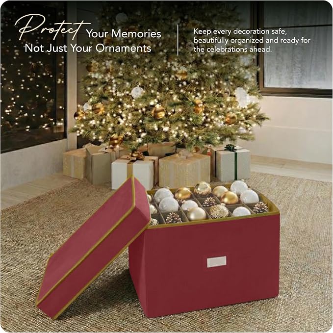 Covermates Keepsakes Adjustable Ornament Storage Box – Heavy-Duty Polyester, Padded Dividers & FlexGrid Trays – Protective Holiday Organizer with Stackable Walls & Label Window, Red - Image 2